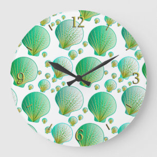 Seafoam green seashells on white large clock