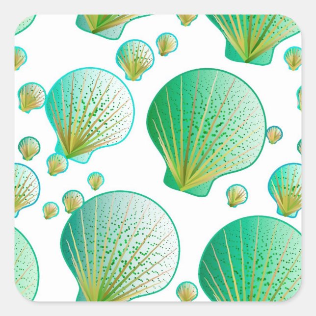 Seafoam green seashells on white square sticker (Front)
