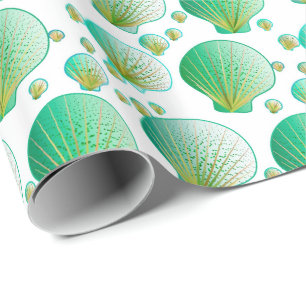 Seafoam green seashells on white wrapping paper