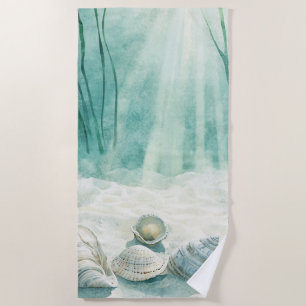 Seafoam Green Shower Curtain with Seashell Design Beach Towel