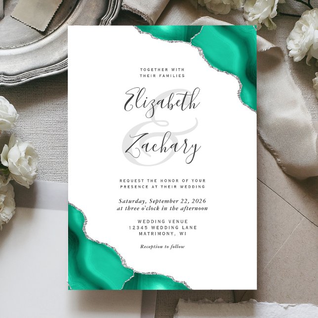 Seafoam Green Silver Agate Corners Wedding Invitation (Creator Uploaded)