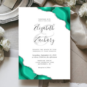 Seafoam Green Silver Agate Corners Wedding Invitation