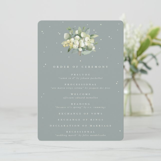 Seafoam Green Snowberry+Eucalyptus Bouquet Wedding Programme (Standing Front)