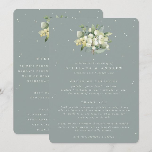 Seafoam Green Snowberry+Eucalyptus Bouquet Wedding Programme (Front/Back)