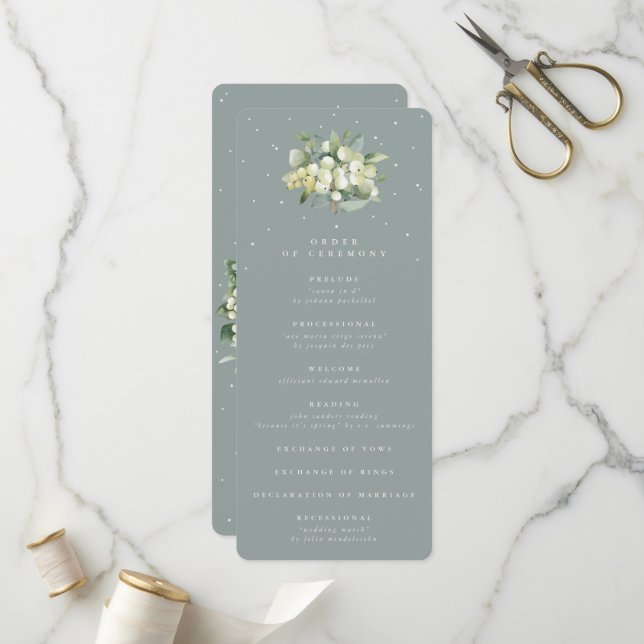 Seafoam Green Snowberry+Eucalyptus Bouquet Wedding Programme (Front/Back In Situ)
