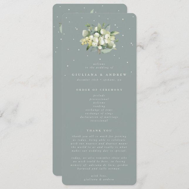 Seafoam Green Snowberry+Eucalyptus Bouquet Wedding Programme (Front/Back)