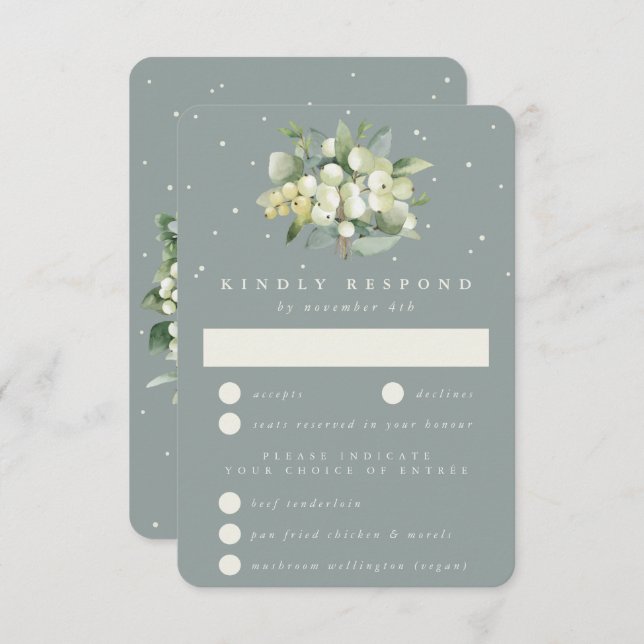 Seafoam Green Snowberry+Eucalyptus Bouquet Wedding RSVP Card (Front/Back)