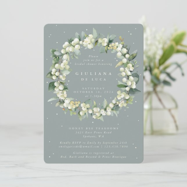 Seafoam Green Snowberry+Eucalyptus Bridal Shower Invitation (Standing Front)