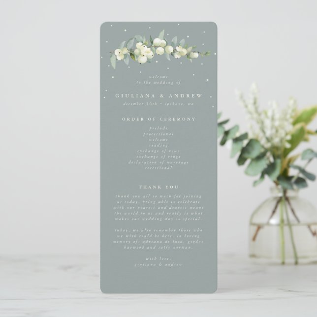 Seafoam Green Snowberry+Eucalyptus Stem Wedding Programme (Standing Front)