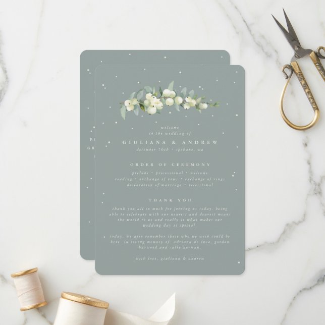 Seafoam Green Snowberry+Eucalyptus Stem Wedding Programme (Front/Back In Situ)
