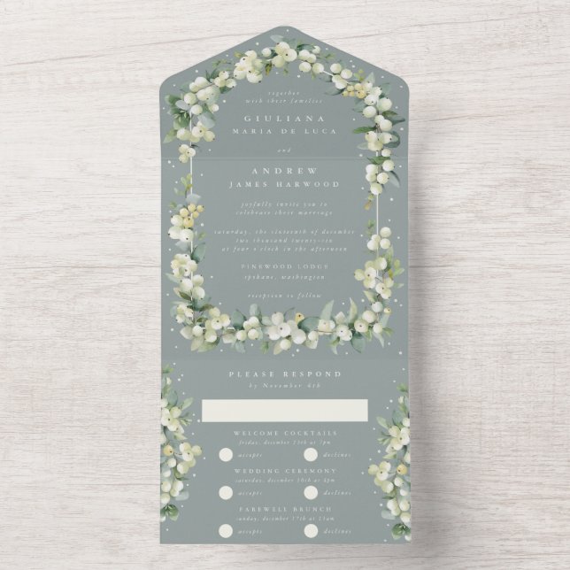 Seafoam Green Snowberry + Eucalyptus Wedding All In One Invitation (Inside)