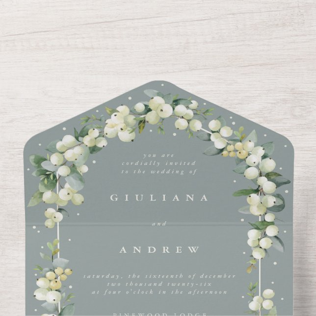 Seafoam Green Snowberry+Eucalyptus Winter Wedding All In One Invitation (Inside Top)