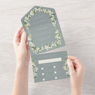 Seafoam Green Snowberry+Eucalyptus Winter Wedding All In One Invitation