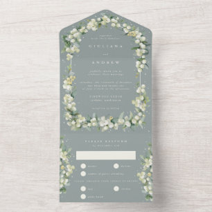 Seafoam Green Snowberry+Eucalyptus Winter Wedding All In One Invitation