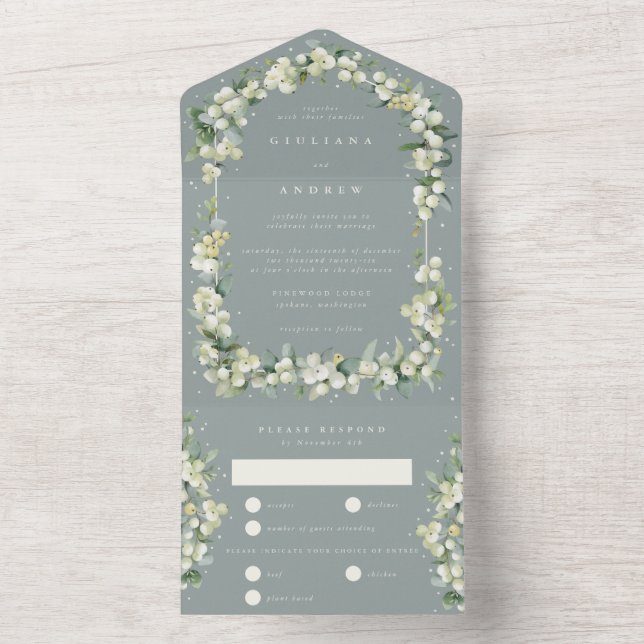 Seafoam Green Snowberry+Eucalyptus Winter Wedding All In One Invitation (Inside)