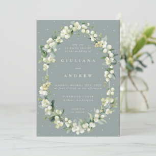 Seafoam Green Snowberry+Eucalyptus Winter Wedding Invitation