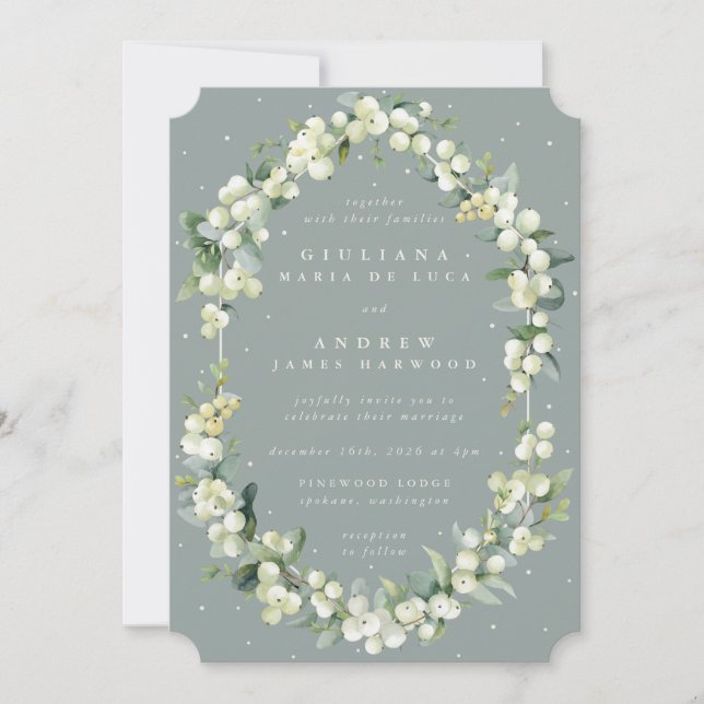 Seafoam Green Snowberry+Eucalyptus Winter Wedding Invitation (Front)