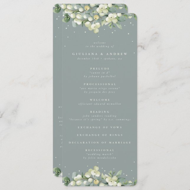 Seafoam Green Snowberry+Eucalyptus Winter Wedding Programme (Front/Back)
