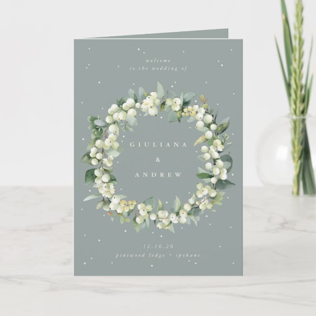 Seafoam Green Snowberry+Eucalyptus Winter Wedding Programme (Front)