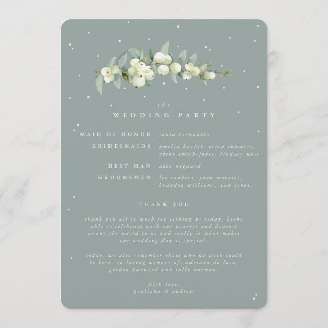 Seafoam Green Snowberry+Eucalyptus Winter Wedding Programme (Back)