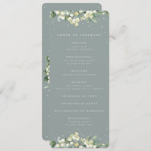 Seafoam Green Snowberry+Eucalyptus Winter Wedding Programme (Front/Back)