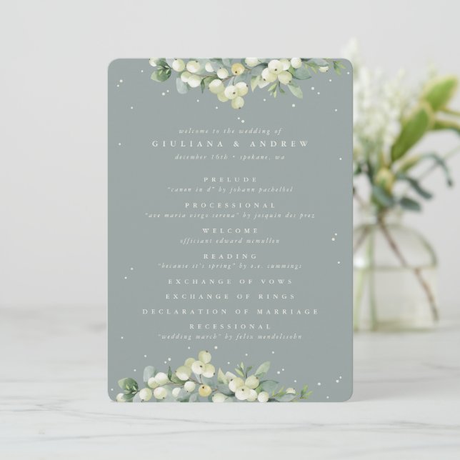 Seafoam Green Snowberry+Eucalyptus Winter Wedding Programme (Standing Front)