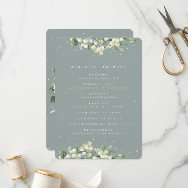 Seafoam Green Snowberry+Eucalyptus Winter Wedding Programme (Front/Back In Situ)