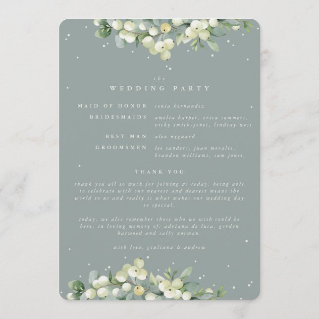 Seafoam Green Snowberry+Eucalyptus Winter Wedding Programme (Back)