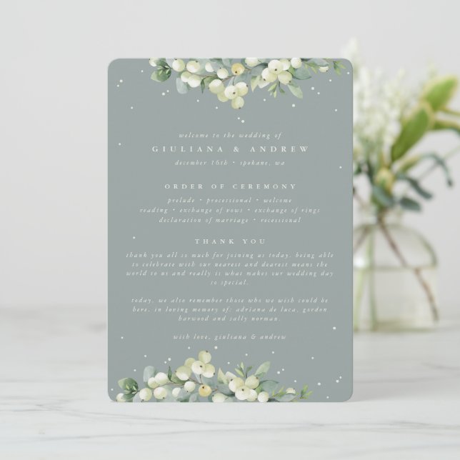 Seafoam Green Snowberry+Eucalyptus Winter Wedding Programme (Standing Front)
