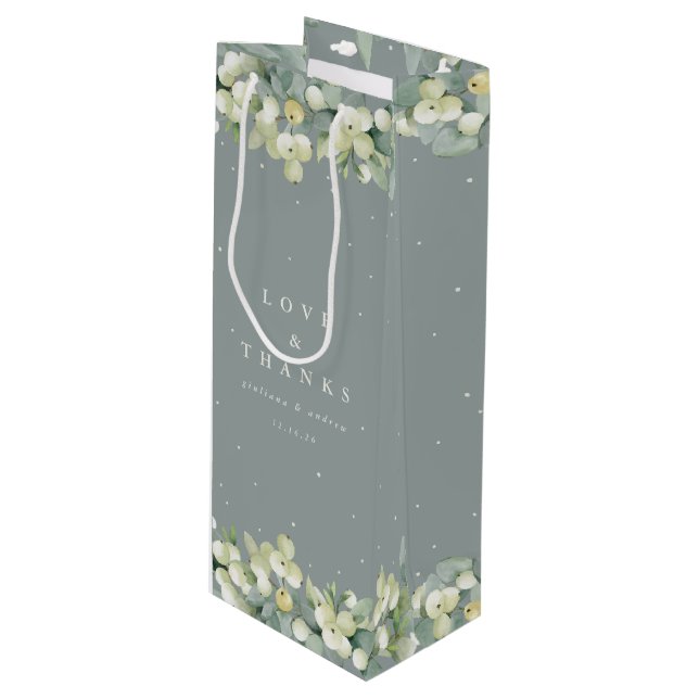 Seafoam Green Snowberry+Eucalyptus Winter Wedding Wine Gift Bag (Front Angled)