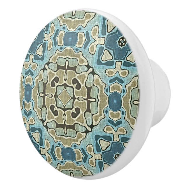 Seafoam Green Teal Blue Ochre Ethnic Tribe Art Ceramic Knob (Right)