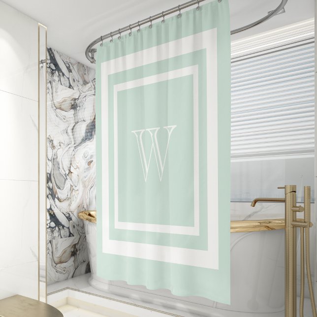 Seafoam Green White Framed Monogram Shower Curtain (Creator Uploaded)