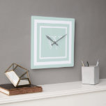 Seafoam Green White Framed Monogram Square Wall Clock<br><div class="desc">Elegant and simple white monogram in a square double frame on a seafoam green background. Personalize with your own initial.</div>