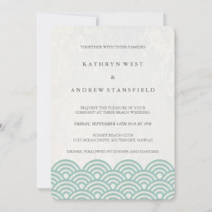 Seafoam Green+White Stylised Waves Elegant Wedding Invitation