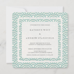 Seafoam Green+White Stylised Waves Modern Wedding Invitation