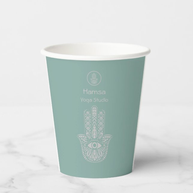 Seafoam Green Yoga Studio Hamsa Customisable Paper Cups (Front)