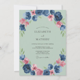 Seafoam Indigo Ranunculus Eucalyptus Wedding Invitation