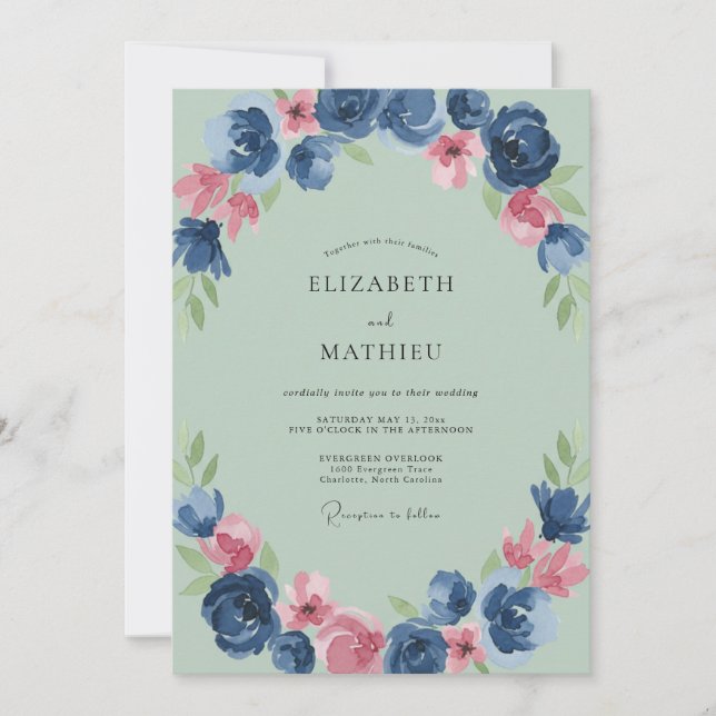 Seafoam Indigo Ranunculus Eucalyptus Wedding Invitation (Front)