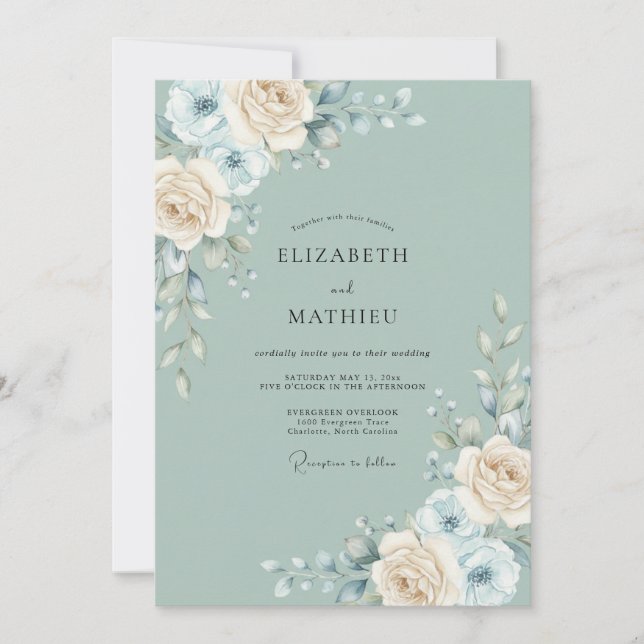 Seafoam Ivory Cream Peony Wedding Invitation (Front)