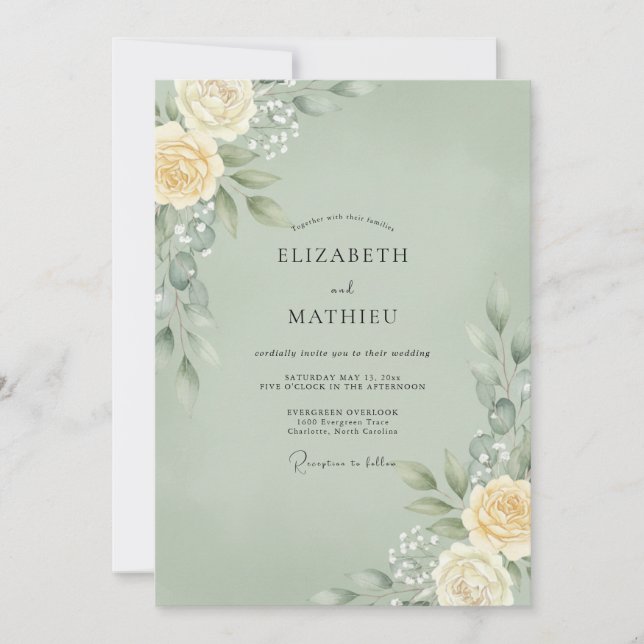 Seafoam Ivory Leaf Wedding Invitation (Front)