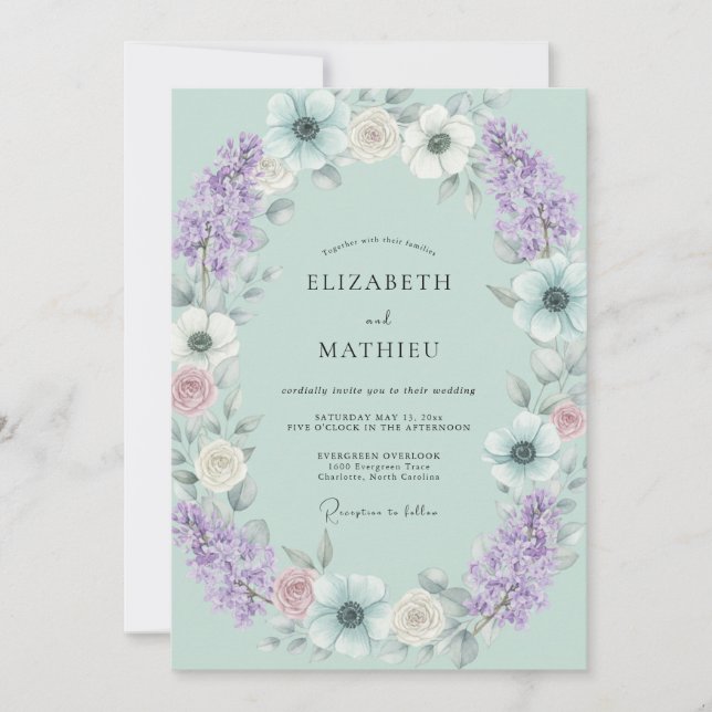 Seafoam Lavender Anemone Wedding Invitation (Front)