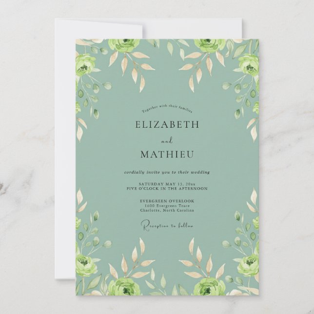 Seafoam Leafy Painted Wedding Invitation (Front)
