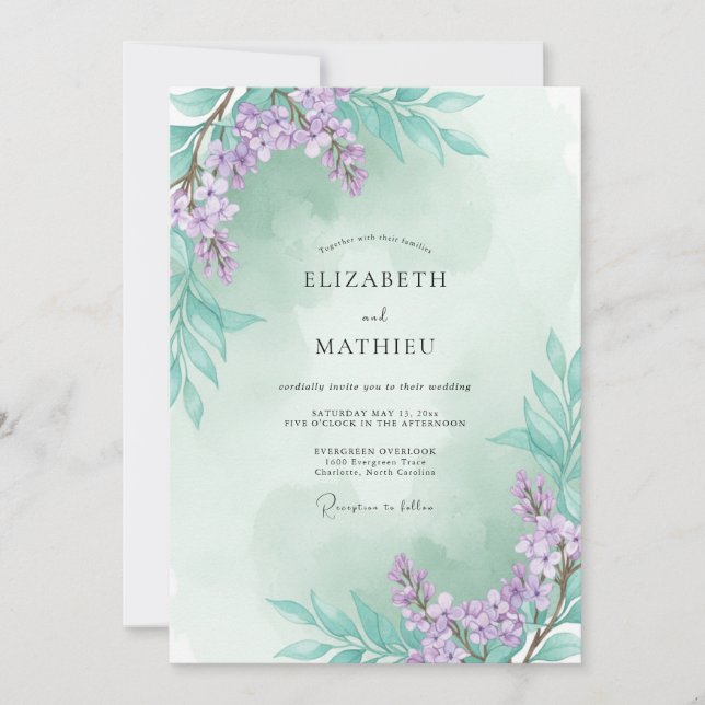 Seafoam Lilac Sprig Eucalyptus Wedding Invitation (Front)