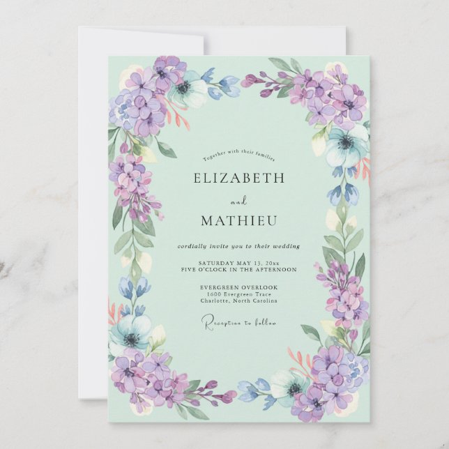 Seafoam Lilac Wildflower Wedding Invitation (Front)