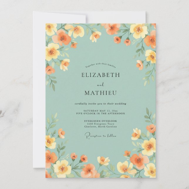 Seafoam Orange Bloom Wedding Invitation (Front)