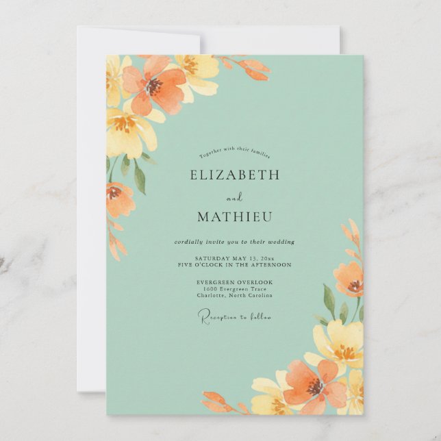 Seafoam Orange Wildflower Wedding Invitation (Front)