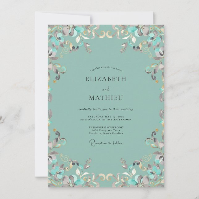 Seafoam Ornate Vine Wedding Invitation (Front)