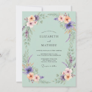 Seafoam Peach Periwinkle Painted Wedding Invitation