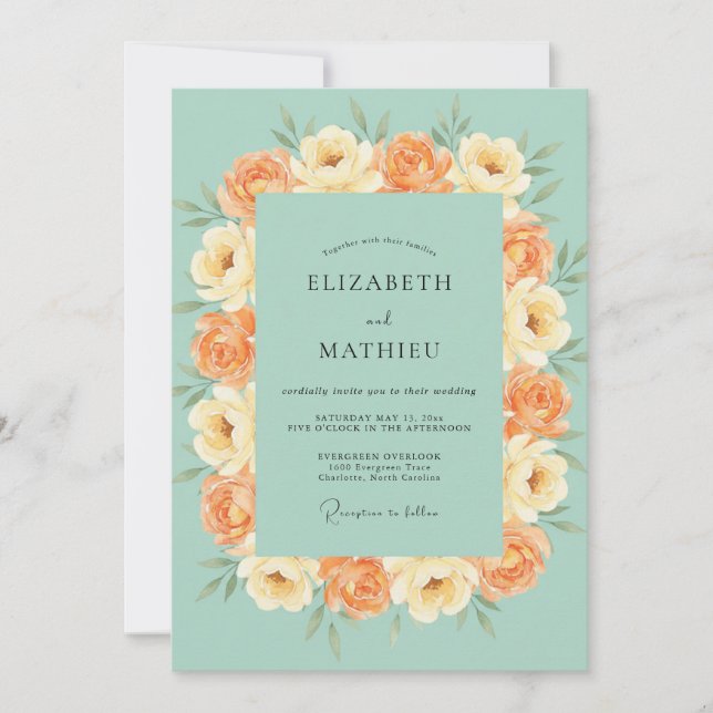 Seafoam Peach Ranunculus Grey Eucalyptus Wedding Invitation (Front)