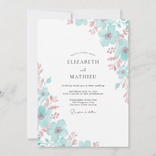 Seafoam Peach Ranunculus Muted Eucalyptus Wedding Invitation